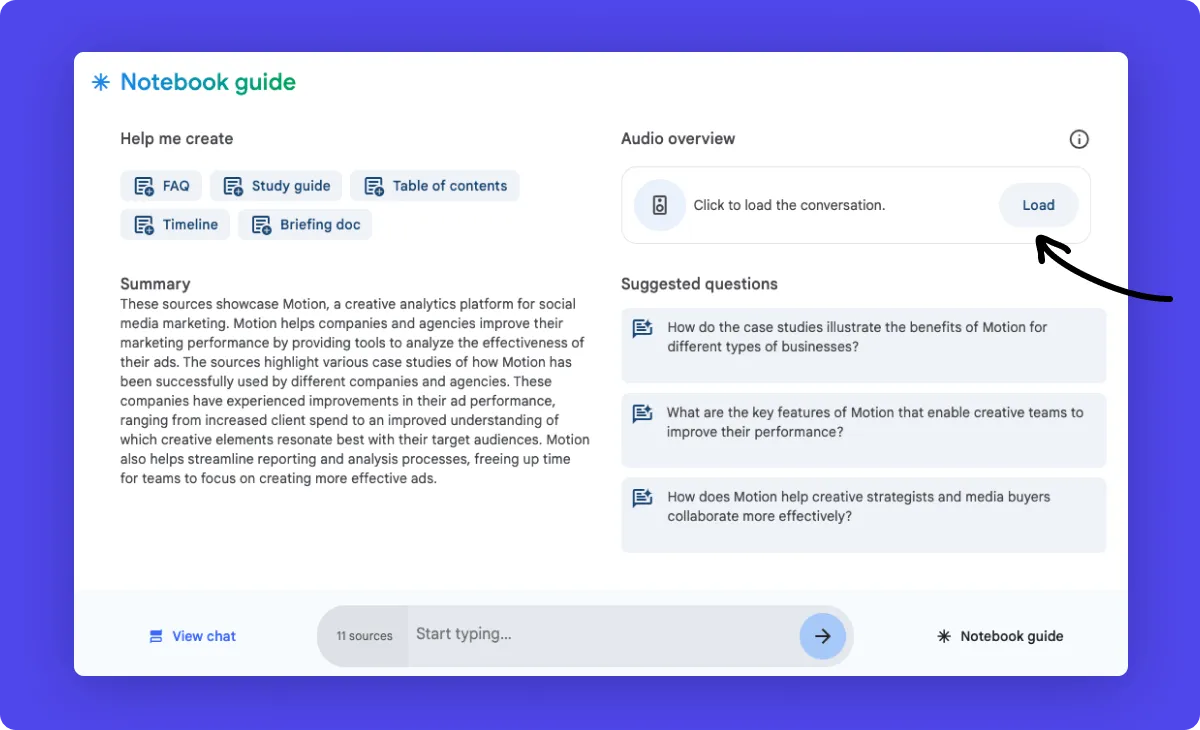 screenshot of NotebookLM showing button to load conversation