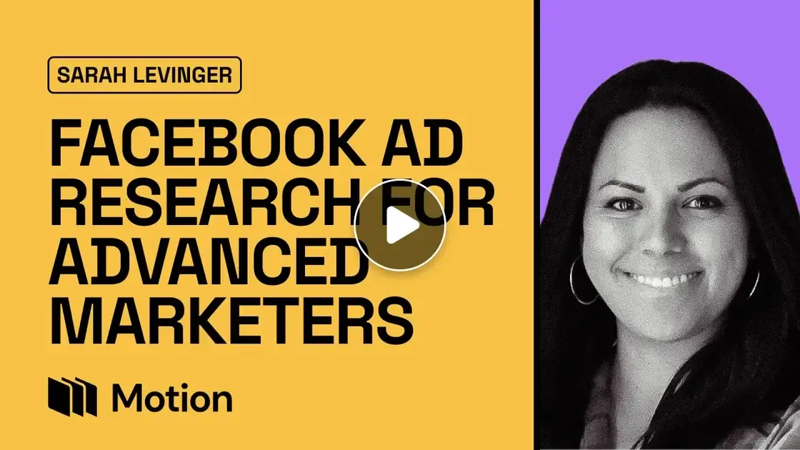 Youtube thumbnail with text "Sarah Levinger Facebook ad research for advanced marketers"