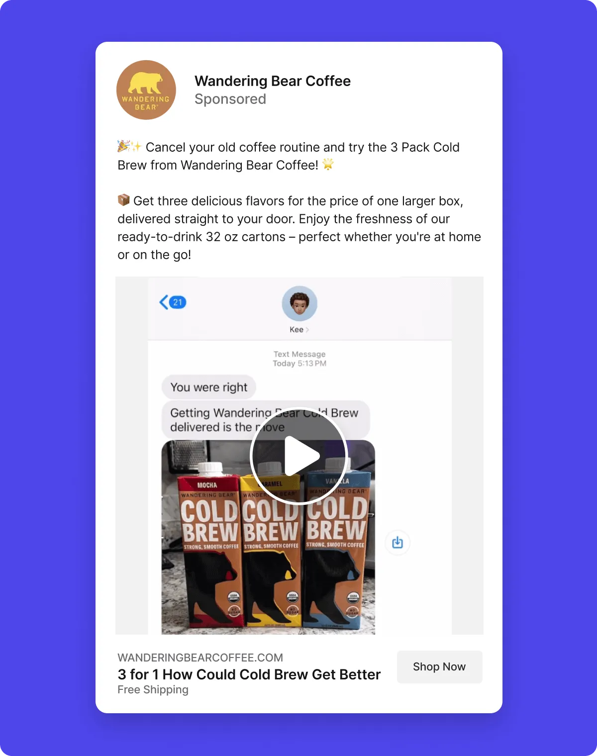 iMessages saying "You were right. Getting Wandering Bear Cold Brew delivered is the move"