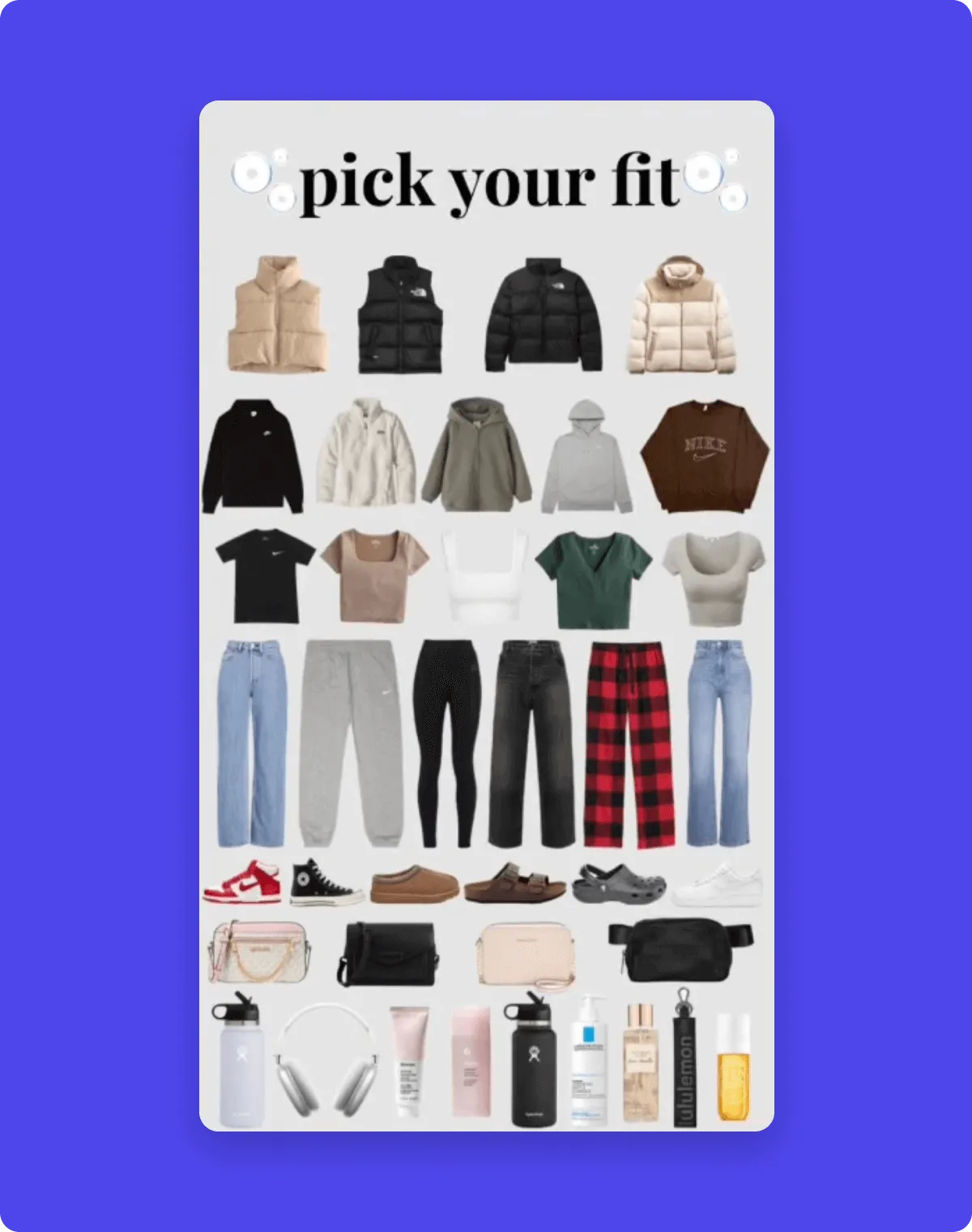 title "pick your fit", followed by rows of clothing separated by type so you can choose one shirt, one set of pants, etc.